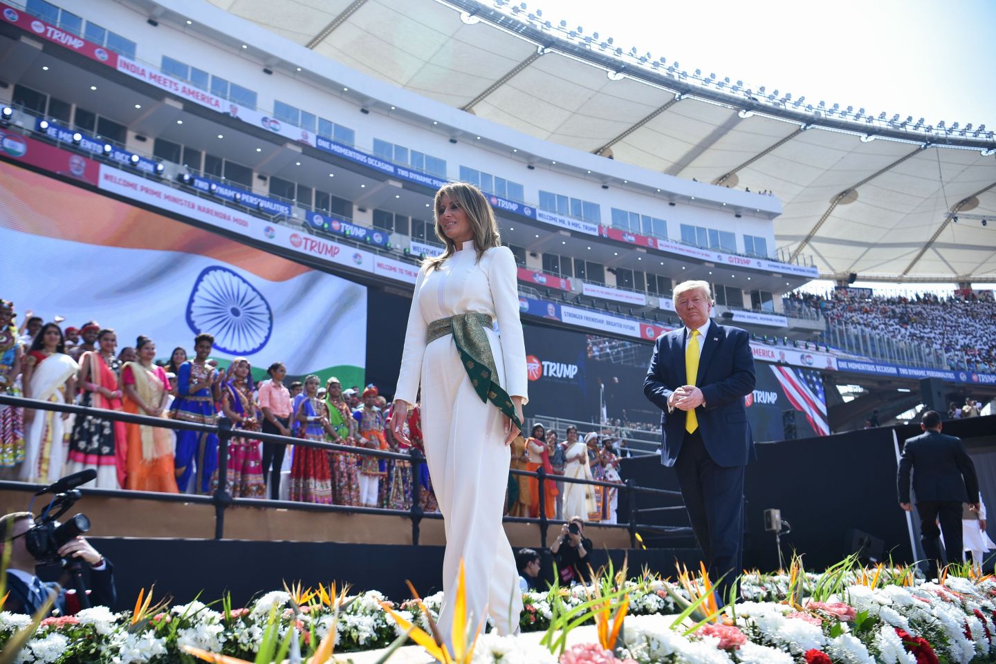 US President Donald Trump (R) and First Lady Melania Trump leave after attending 'Namaste Trump' rally at Sardar Patel Stadium in Motera, on the outskirts of Ahmedabad, on February 24, 2020. (Photo by Mandel NGAN / AFP) (Photo by MANDEL NGAN/AFP via Getty Images)
