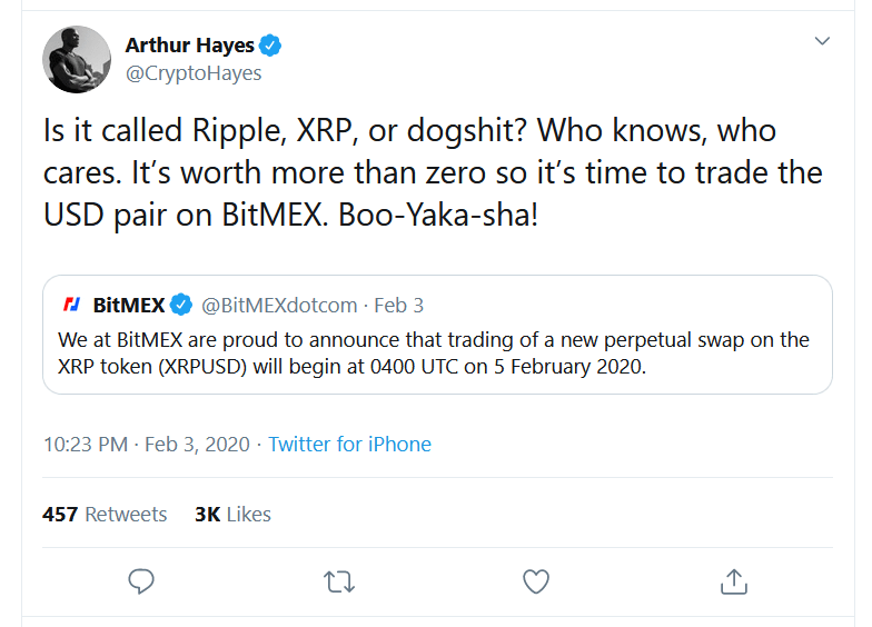 bitmex ceo arthur hayes tweets about xrp