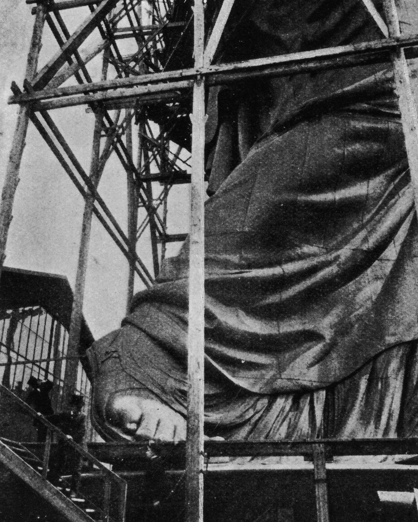 A view of the Statue of Liberty's foot during construction in Paris