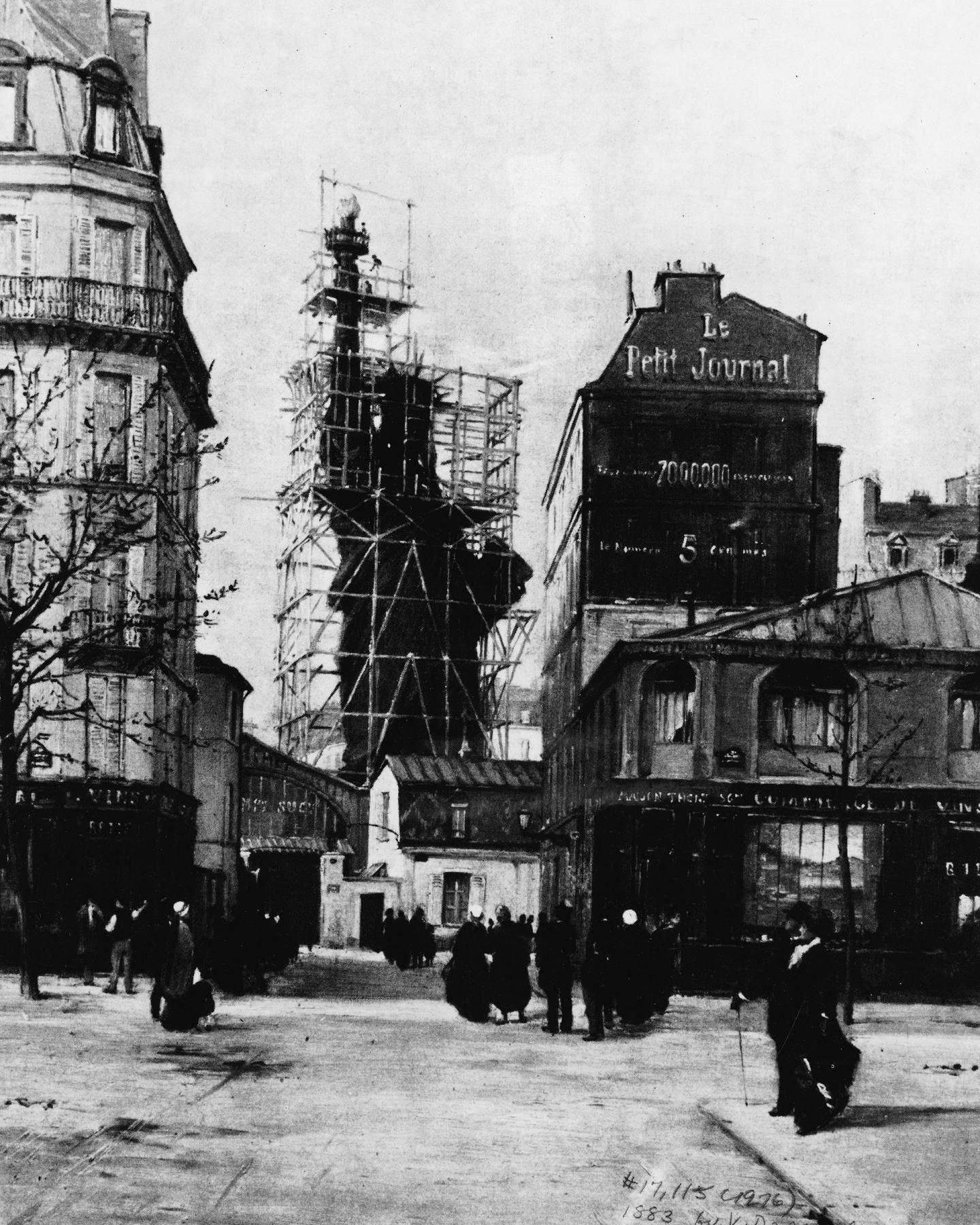 View of the Statue of Liberty enclosed by scaffolding