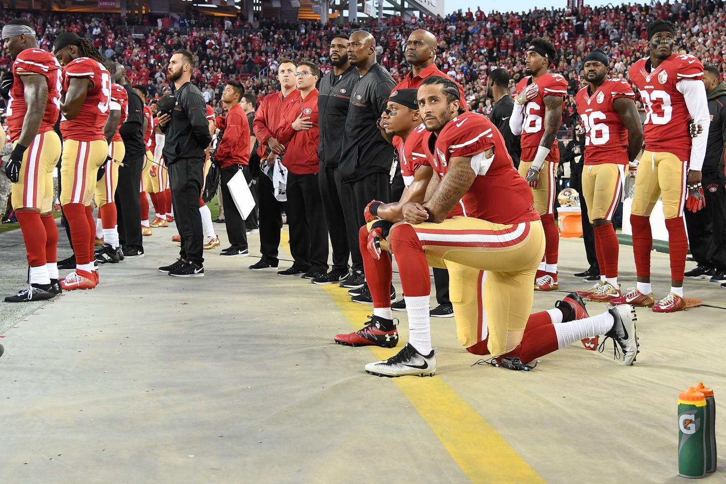 2016 Kaepernick and Reid kneeling at Levis Stadium