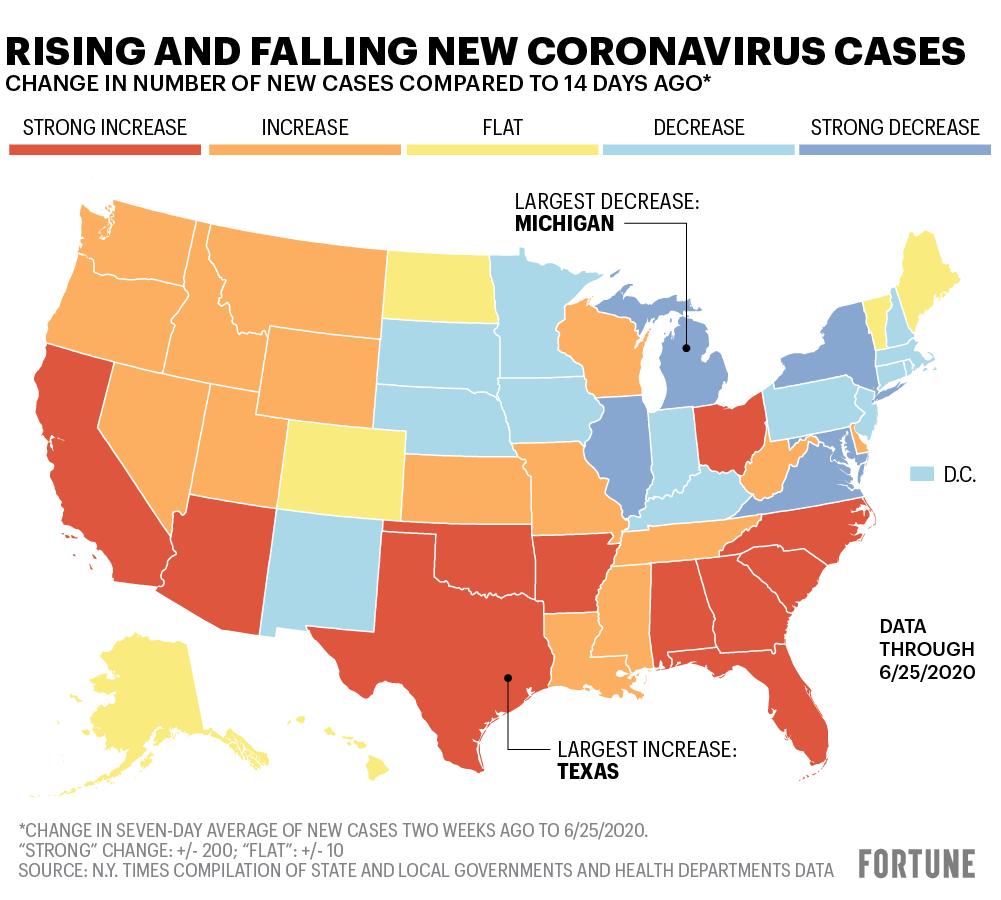 Map shows change in new covid-19 cases