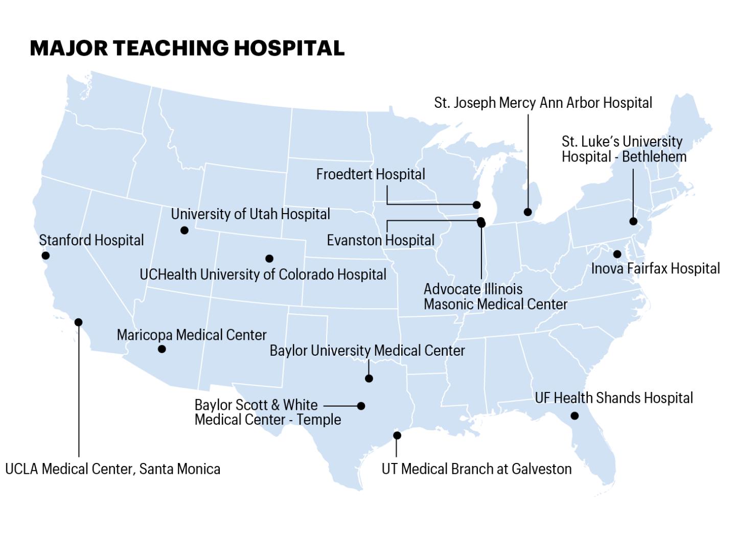 Map shows location of hospitals on the 100 top hospitals list