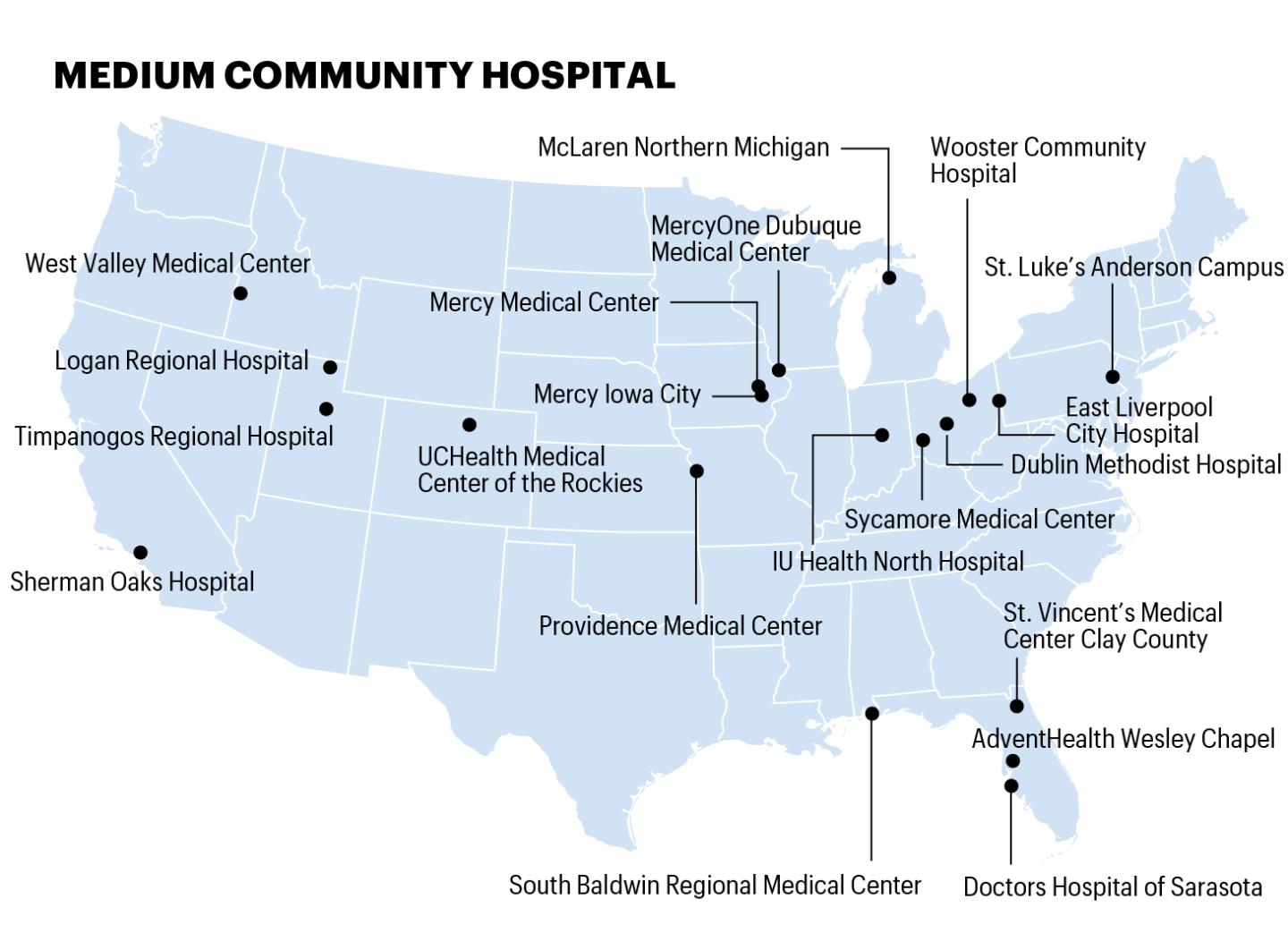 Map shows location of hospitals on the 100 top hospitals list