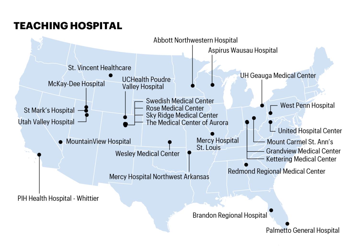 Map shows location of hospitals on the 100 top hospitals list