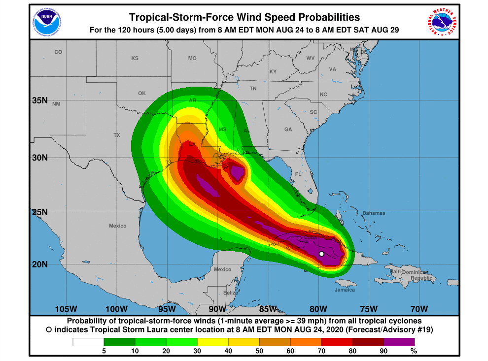An Aug. 24, 2020 forecast for Tropical Storm Laura from the National Hurricane Center.
