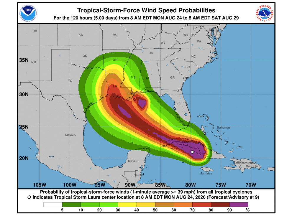 An Aug. 24, 2020 forecast for Tropical Storm Laura from the National Hurricane Center.