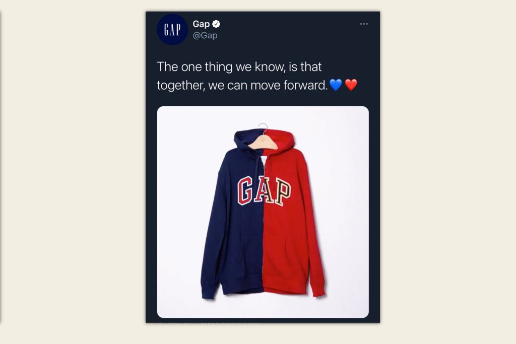 2020 election: Gap ridiculed for tweet showing half-blue, half-red hoodie  as a call for national unity | Fortune