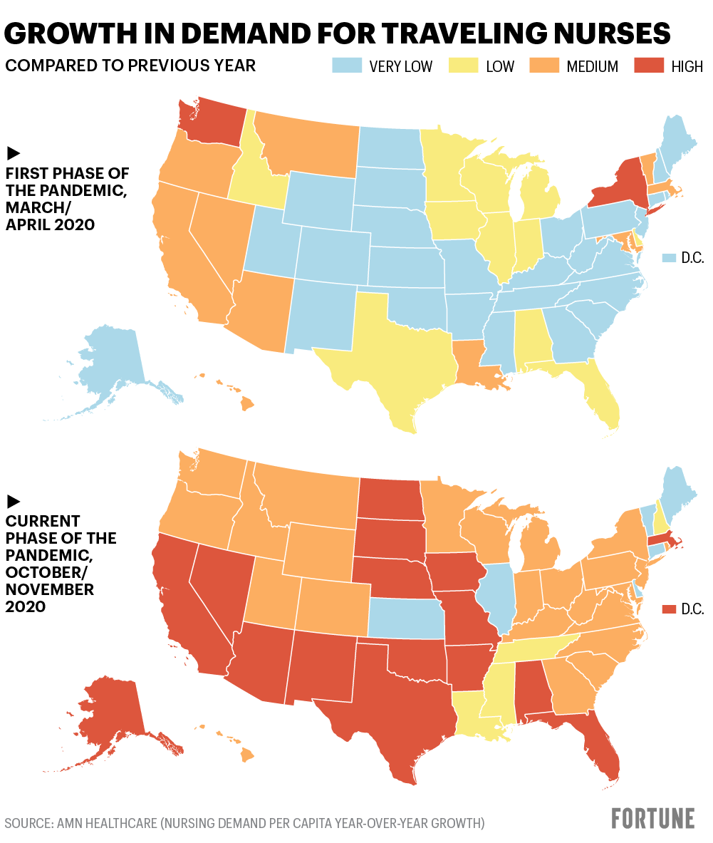 Map shows growth in demand for traveling nurses
