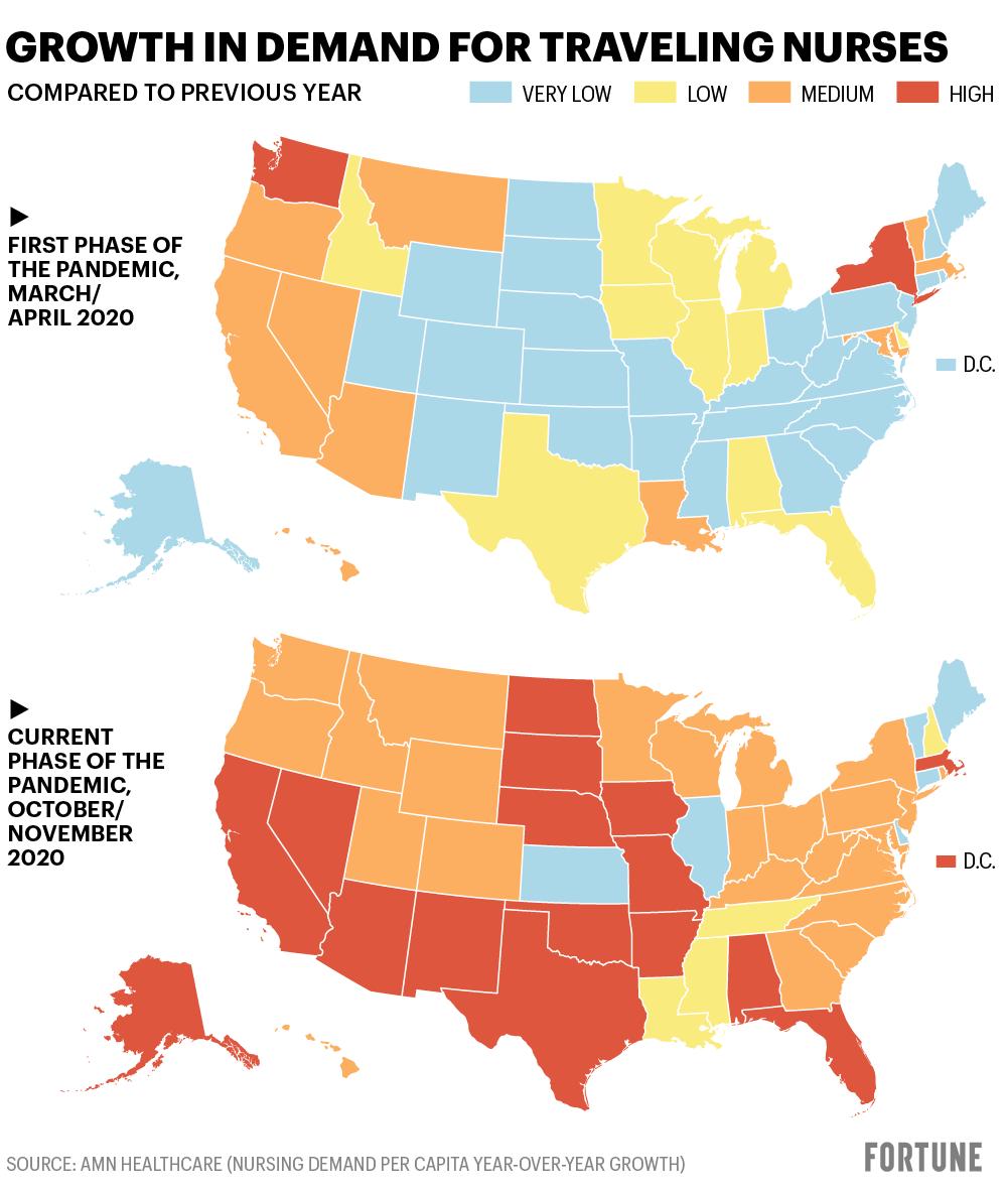 Map shows growth in demand for traveling nurses