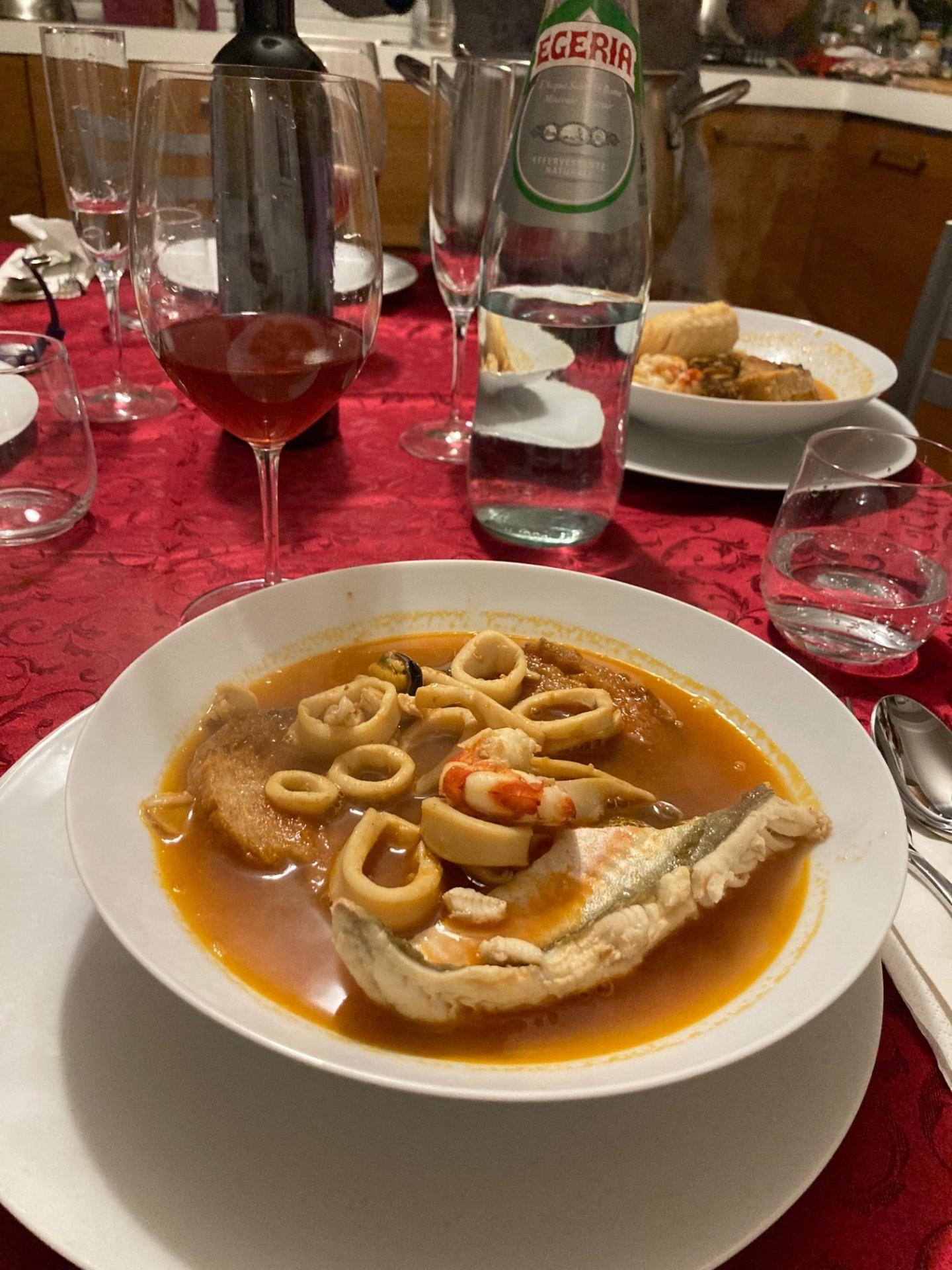 The famous brodetto, an Italian fish stew that, by tradition, calls for 13 types of fish.