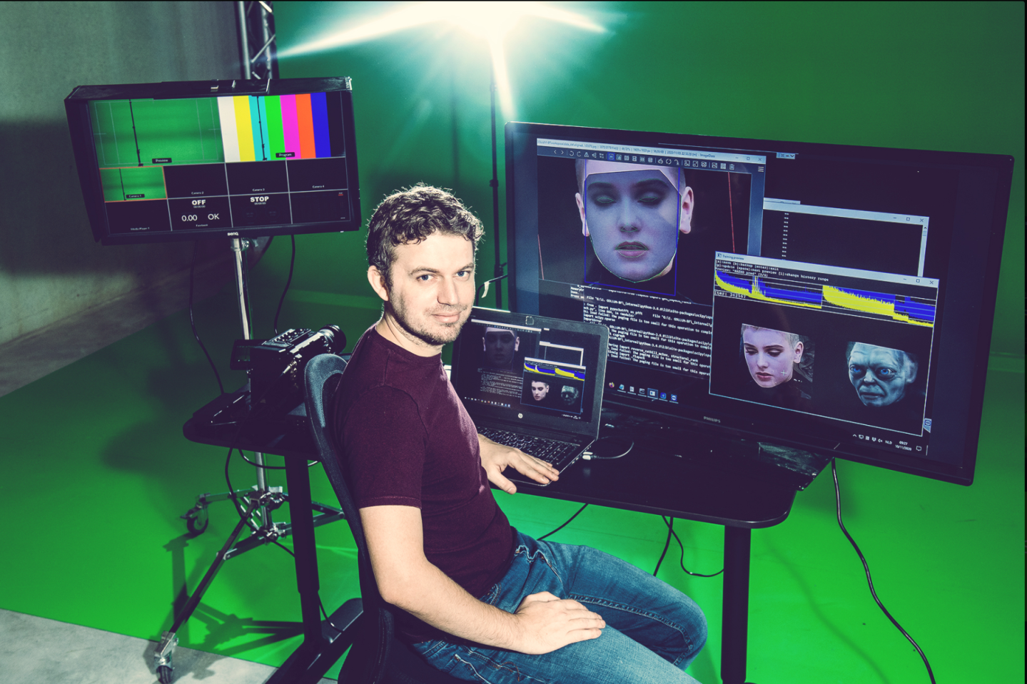 Photo of video effect artist Chris Ume sitting at his editing work console.