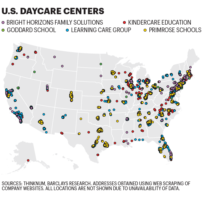Map shows location of day care centers in the U.S.