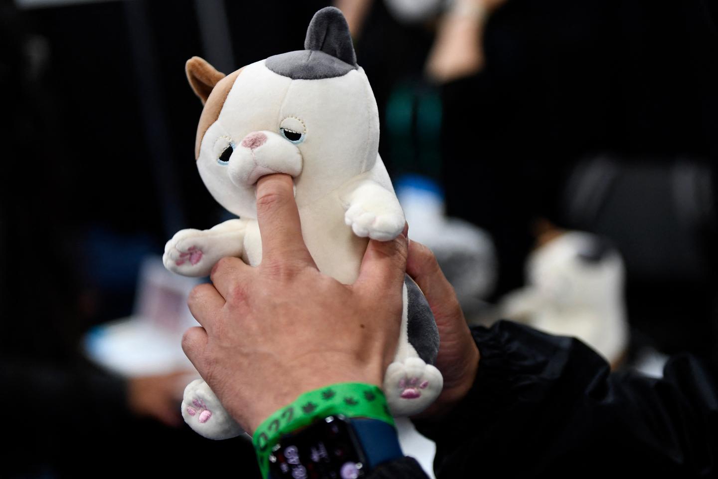 An attendee places a finger inside the mouth of Yukai Engineering Inc. Amagami Ham Ham play-biting cat robot.