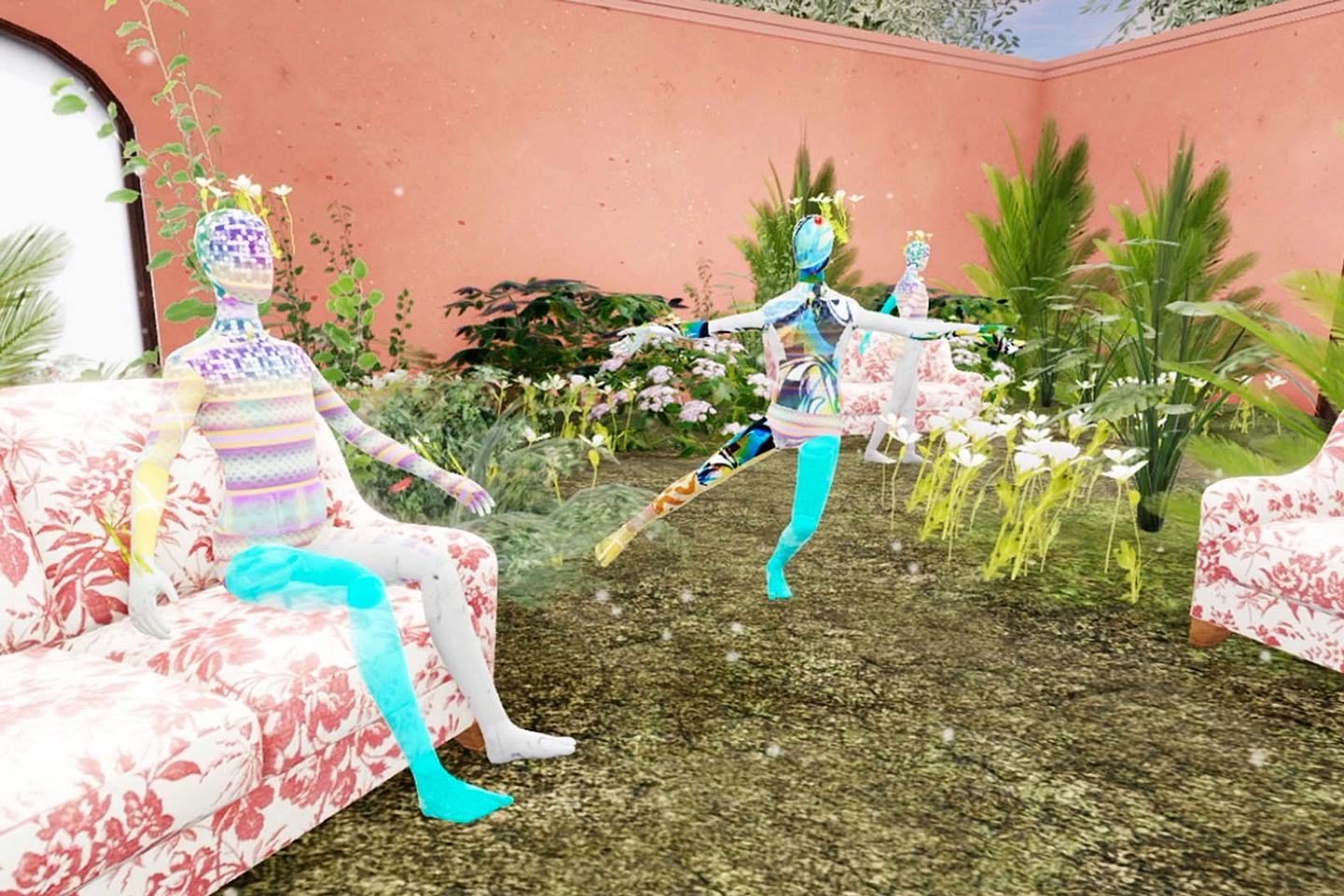 metaverse screenshot of mannequin-like figures with abstract patterns