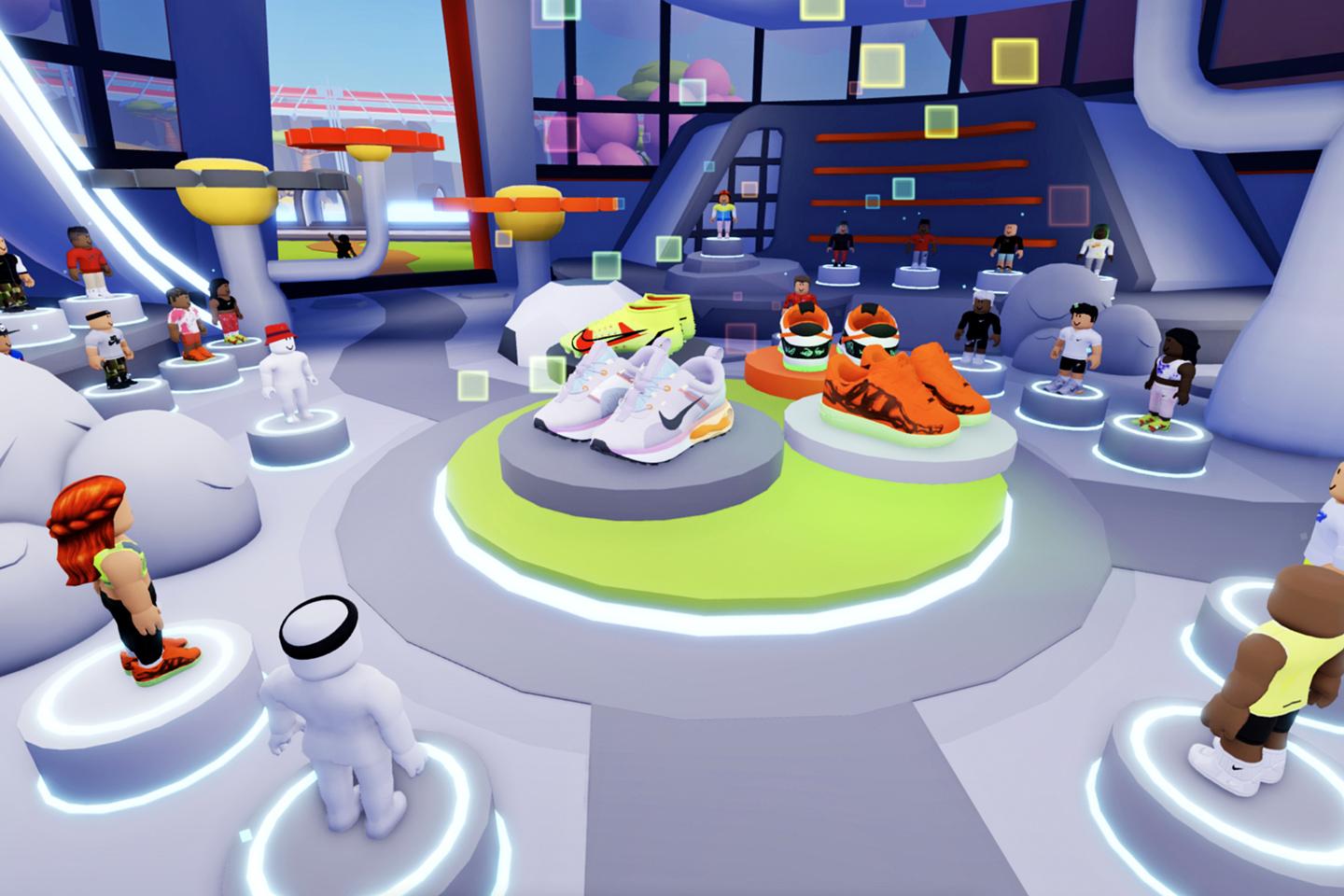 metaverse screen shot of a showroom with sneaker displays
