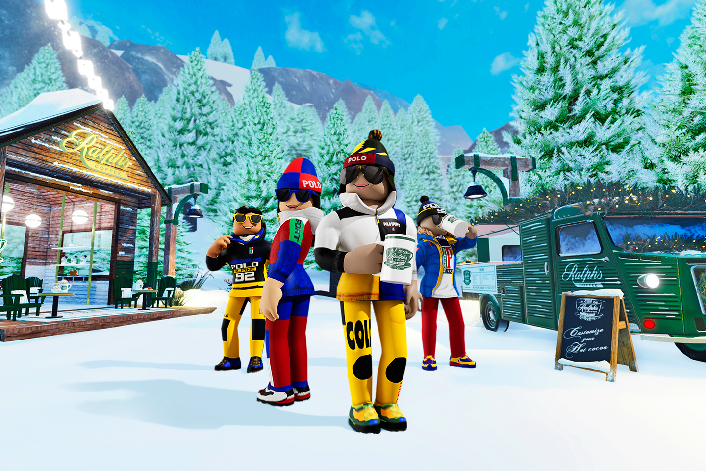 metaverse screenshot of characters drinking hot beverages in the