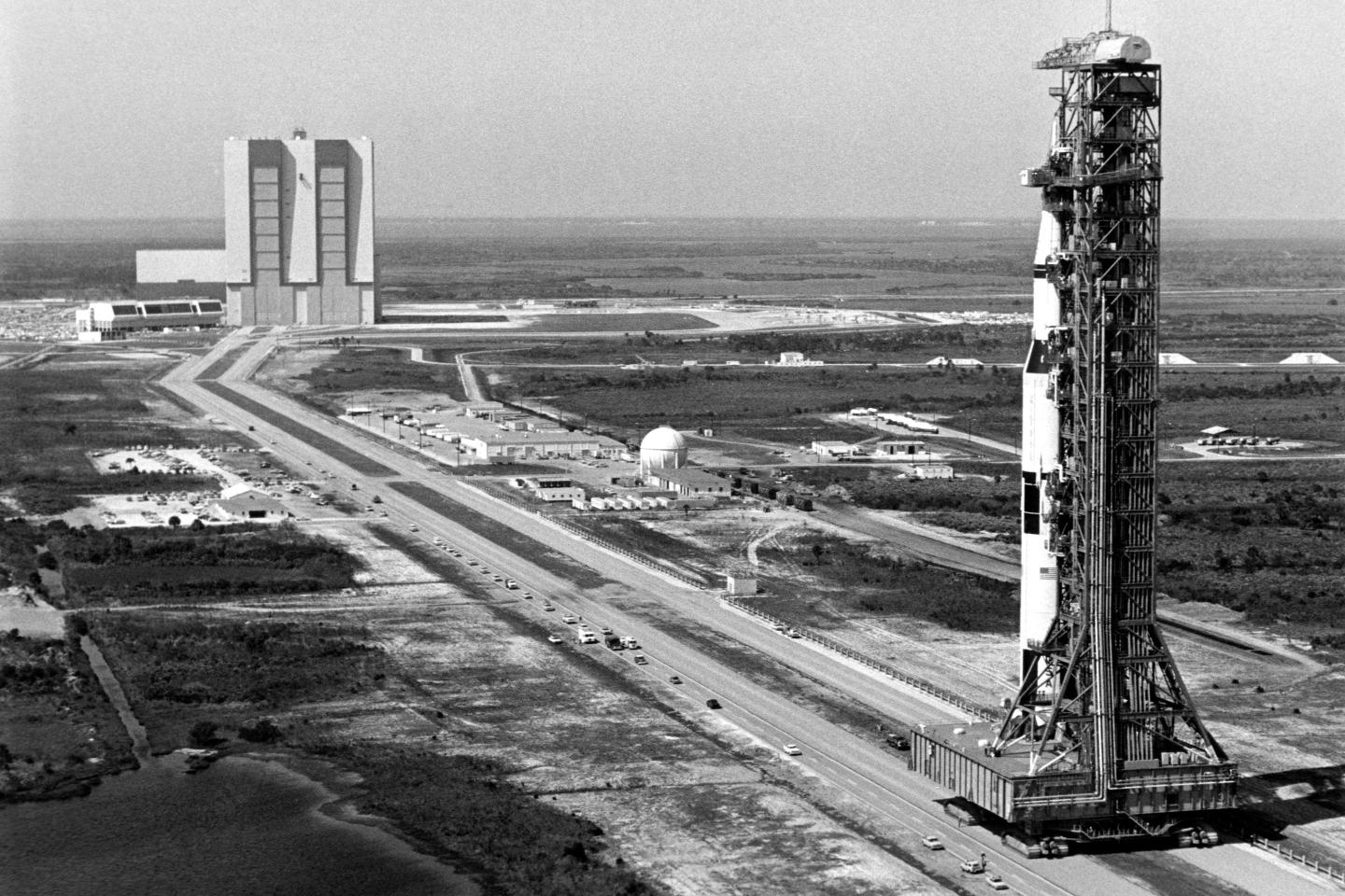 The 363-foot-high Saturn V rocket for the Apollo 10 mission in 1969.