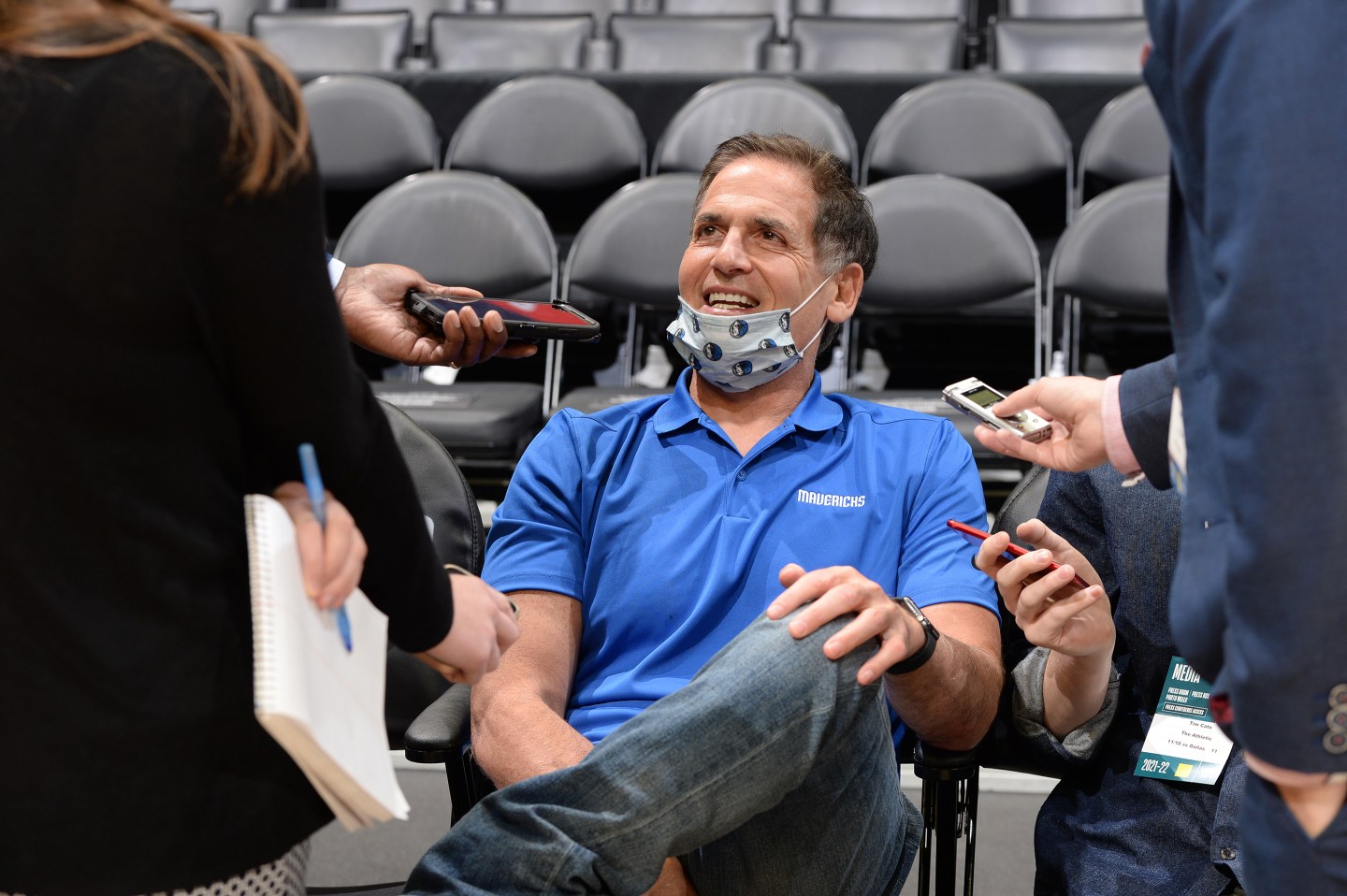 Owner, Mark Cuban of the Dallas Mavericks talks with the media before the game against the LA Clippers on November 21, 2021 at STAPLES Center in Los Angeles, California.