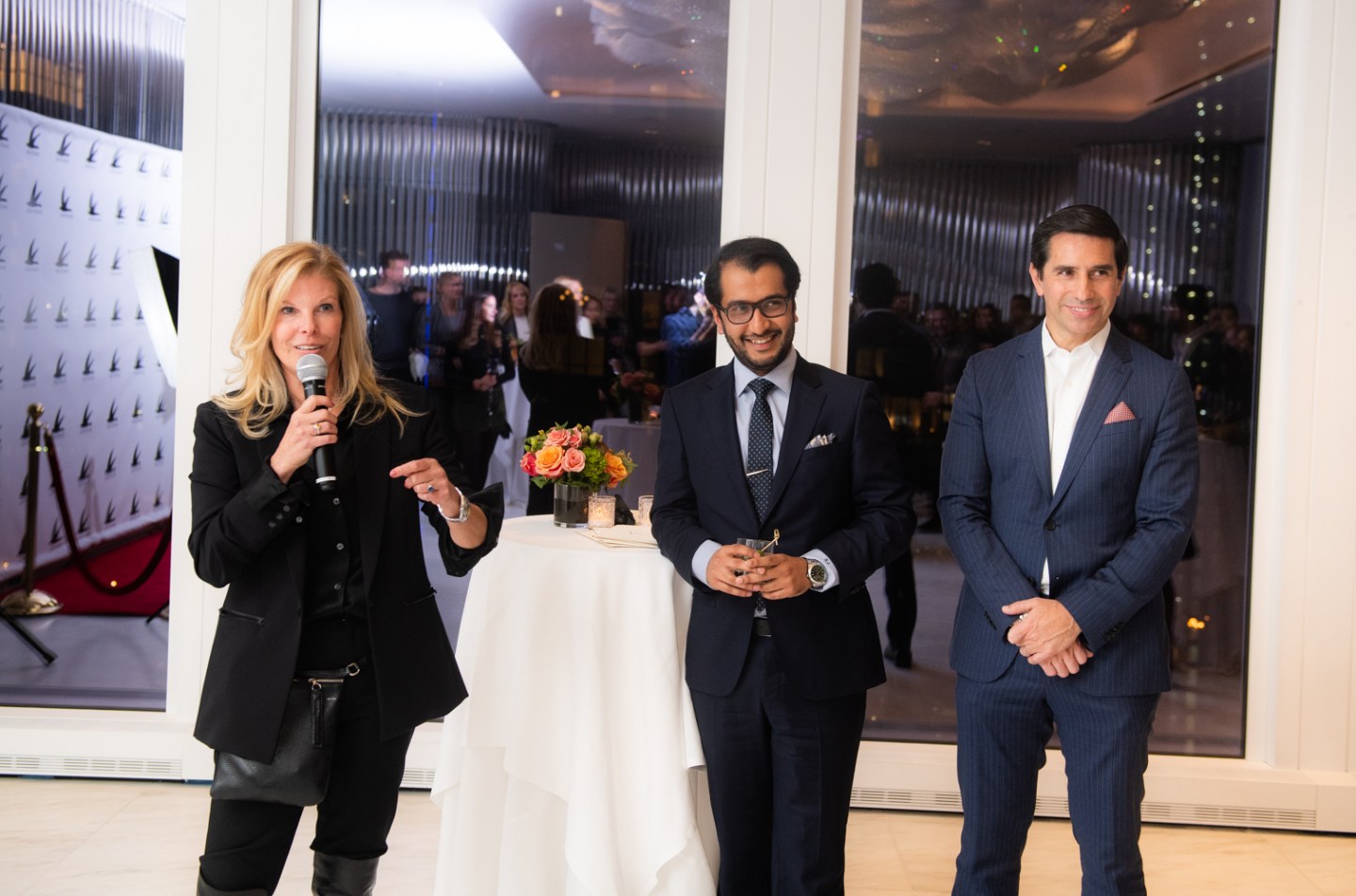 Leslie Wolfson, Swiftarc Ventures engagement director (left), presents with Sid Jawahar, founder and managing partner, and Fabian Urquijo, president. The firm says it will only hire women through the rest of 2022.
