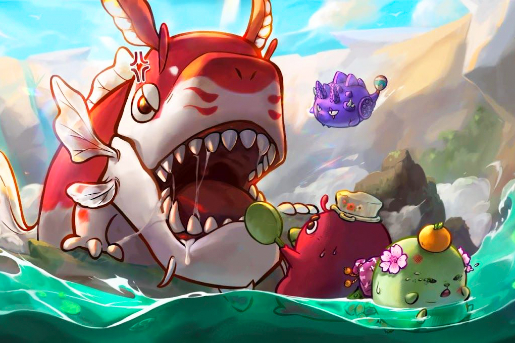 Artwork depicts an Axie squad in battle.