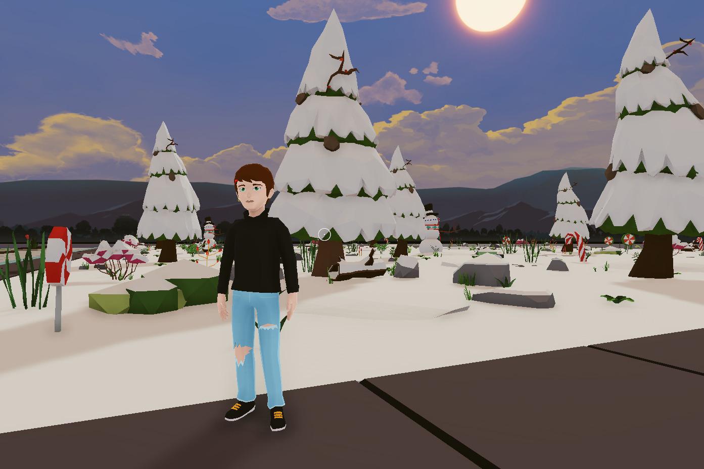 Metaverse avatar standing on undeveloped real estate.
