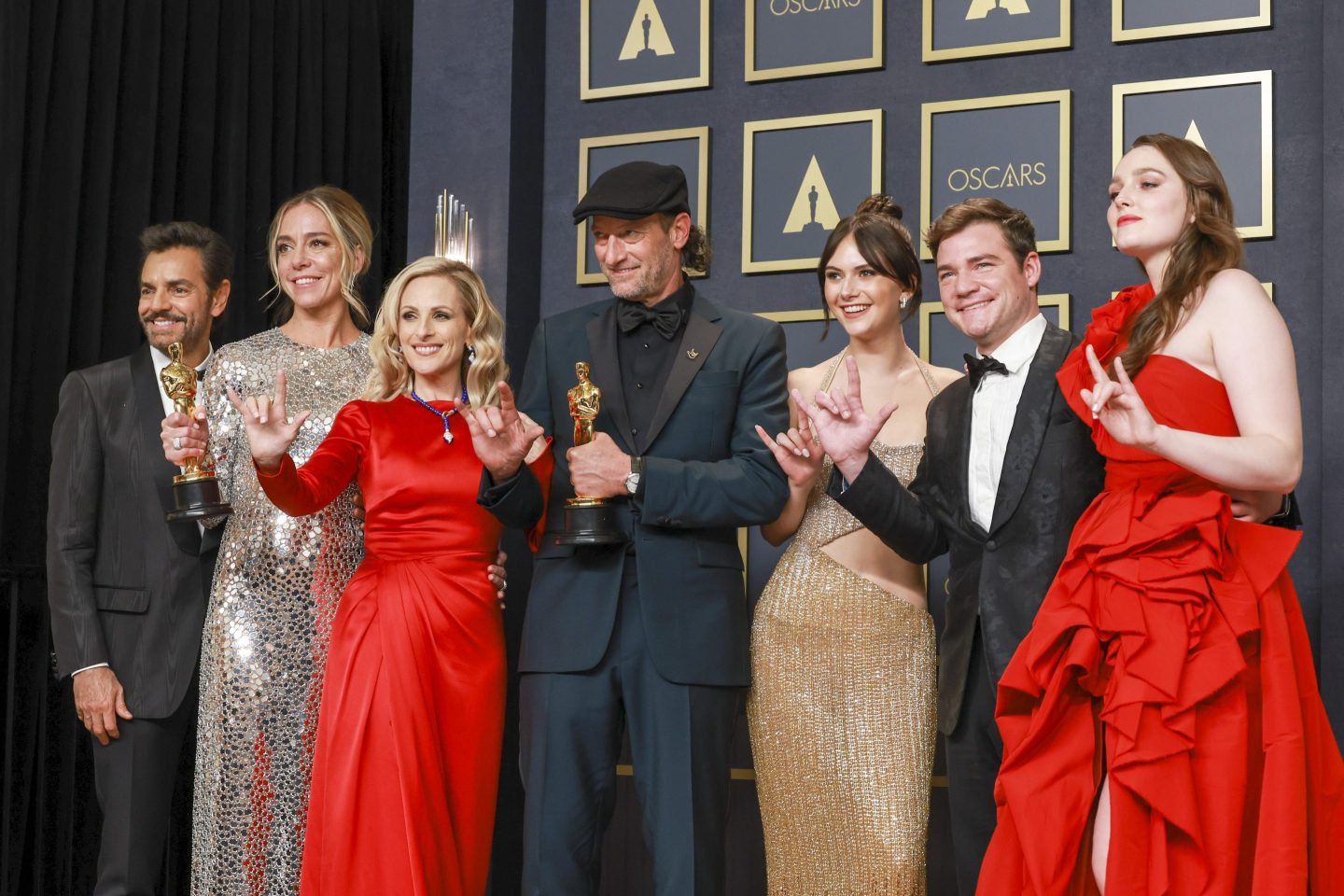 Eugenio Derbez, Sian Heder, Marlee Matlin, Troy Kotsur, Emilia Jones, Daniel Durant and Amy Forsyth, winners of the Best Picture award for CODA