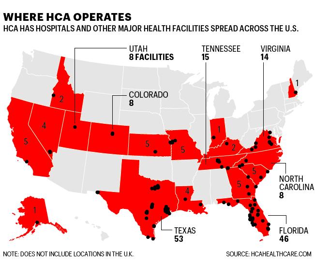 Map shows locations for HCA facilities