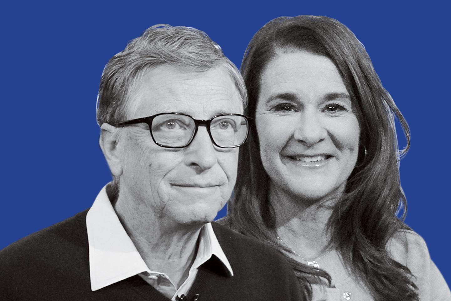 Silhouettes of Bill and Melinda Gates on blue background.