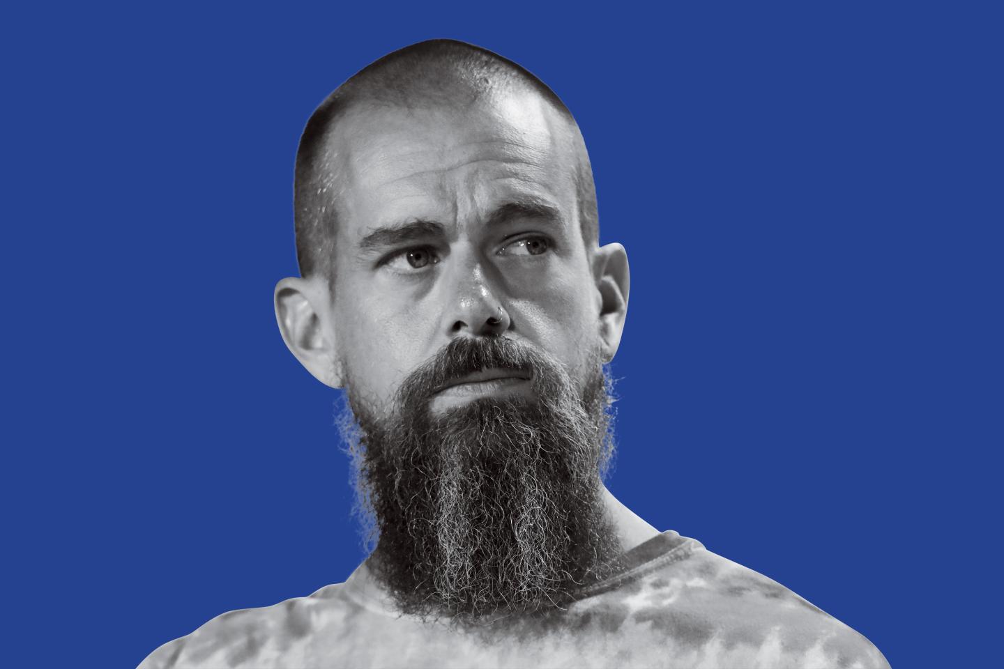 Silhouette of Jack Dorsey on blue background.