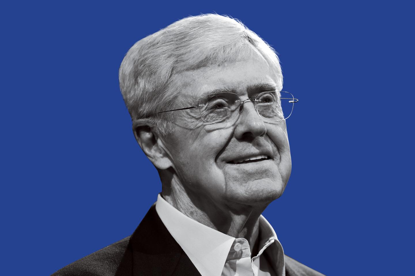 Silhouette of Charles Koch on blue background.