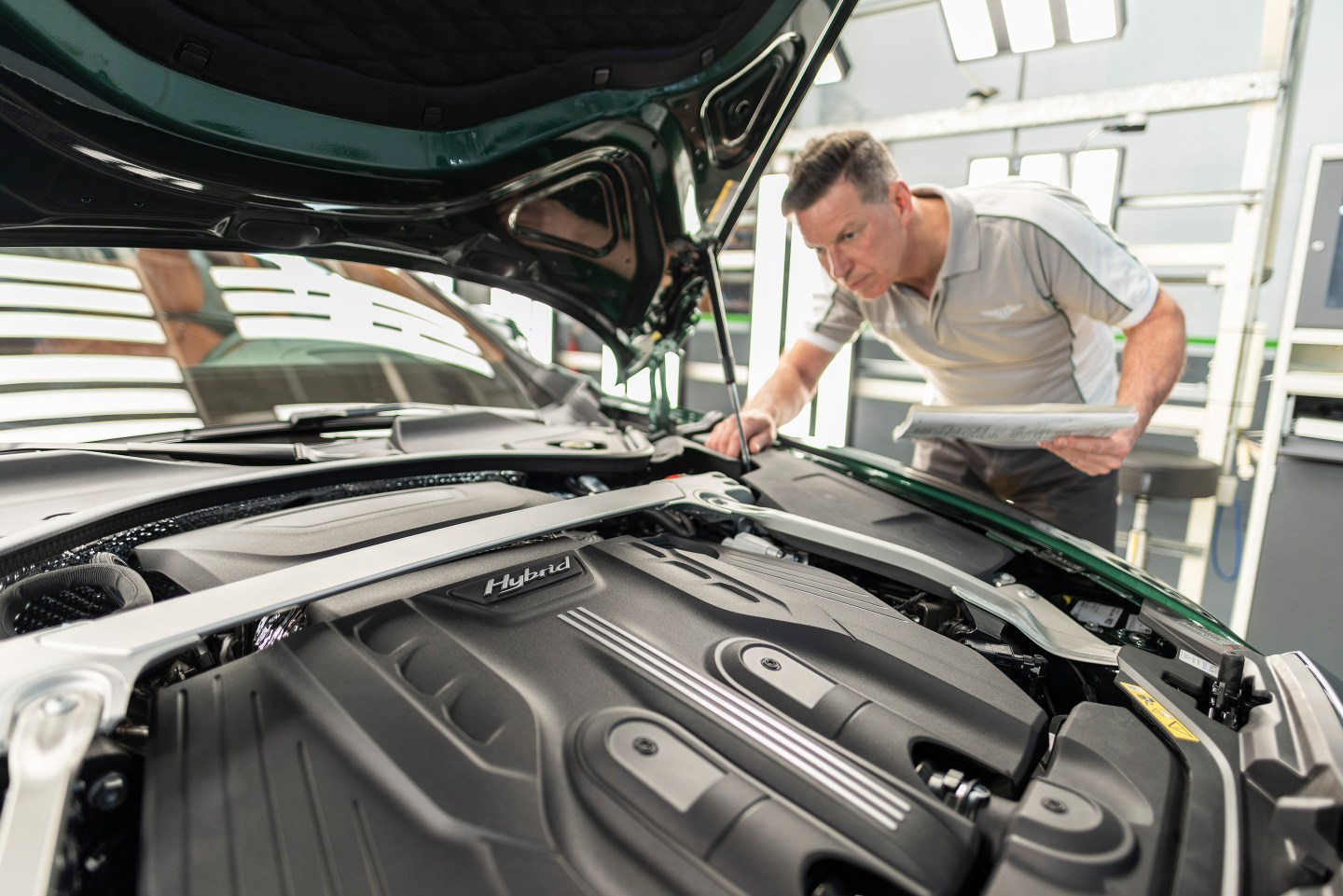 Bentley Flying Spur Hybrid photographed on the production line at Bentley's factory in Crewe, England – near Manchester- on March 22, 2022.