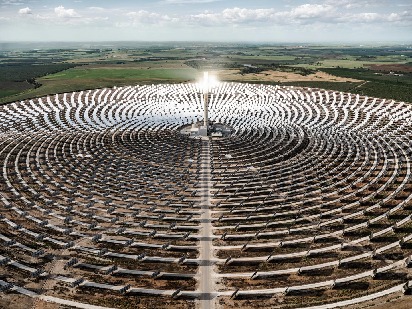 Aerial view of Gemasolar thermosolar power plant in Spain.