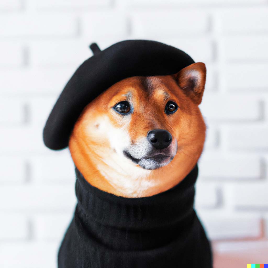 Shiba Inu dog in black turtleneck and beret