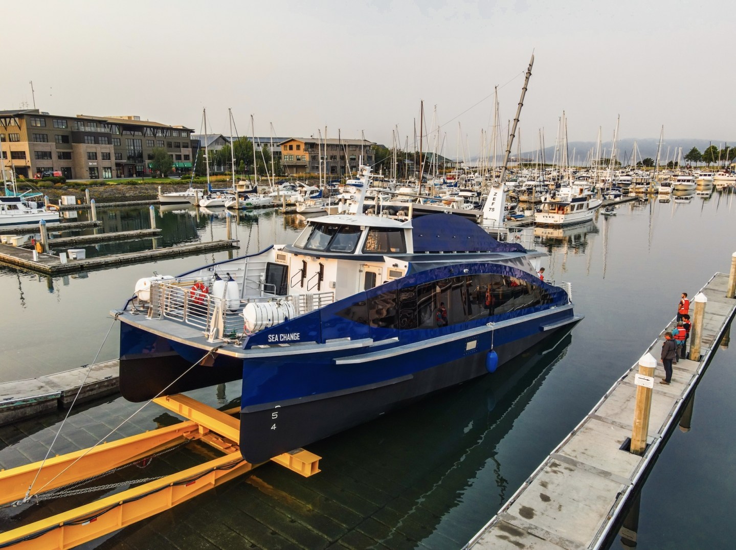 All American Marine and vessel owner SWITCH Maritime started operational trials of Sea Change, a 70-foot, 75-passenger hydrogen fuel cell-powered ferry in August 2021. The technology was built buy Zero Emission Industries.