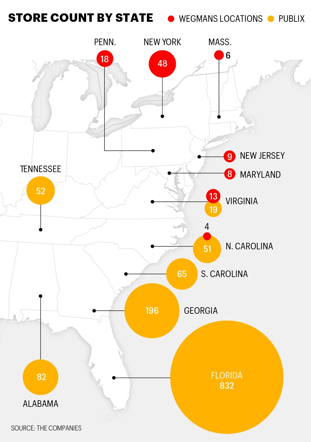 Map shows locations for Wegman's and Publix supermarkets
