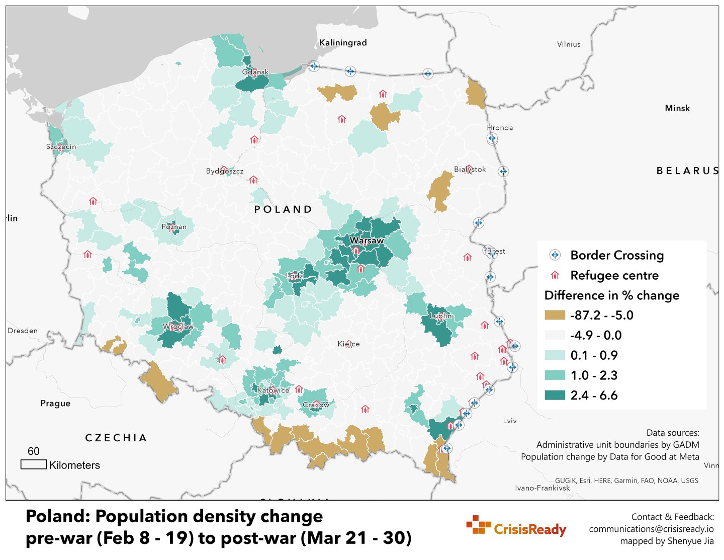 A map showing Poland's population density change from pre-war to post-war.