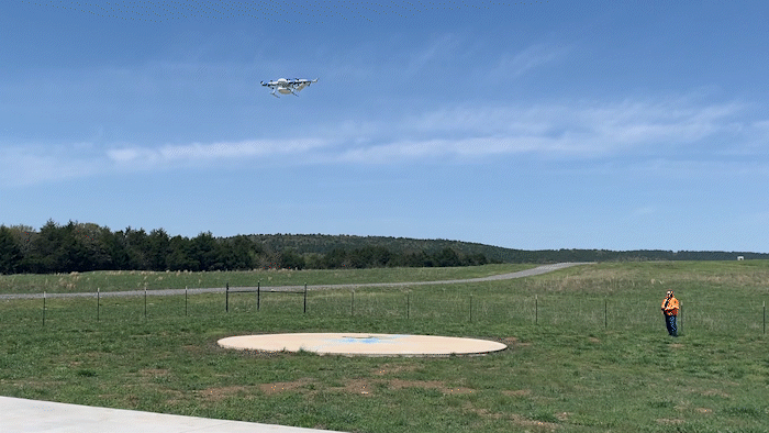 Spright's drone lands during its first proof of concept flight at the Choctaw Nation in Oklahoma on April 14.