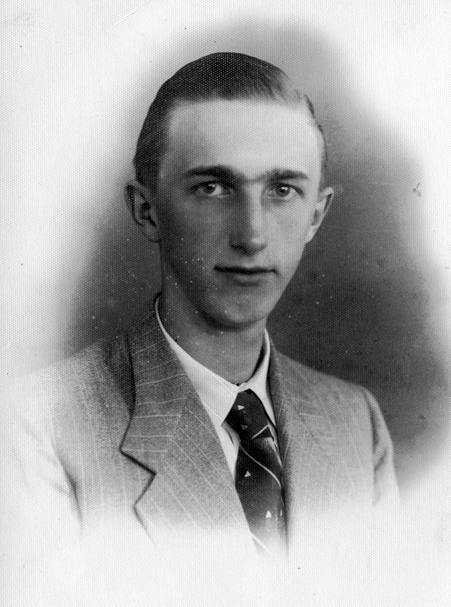 The image displays an old black and white photograph of Walter Orthmann as a young man.