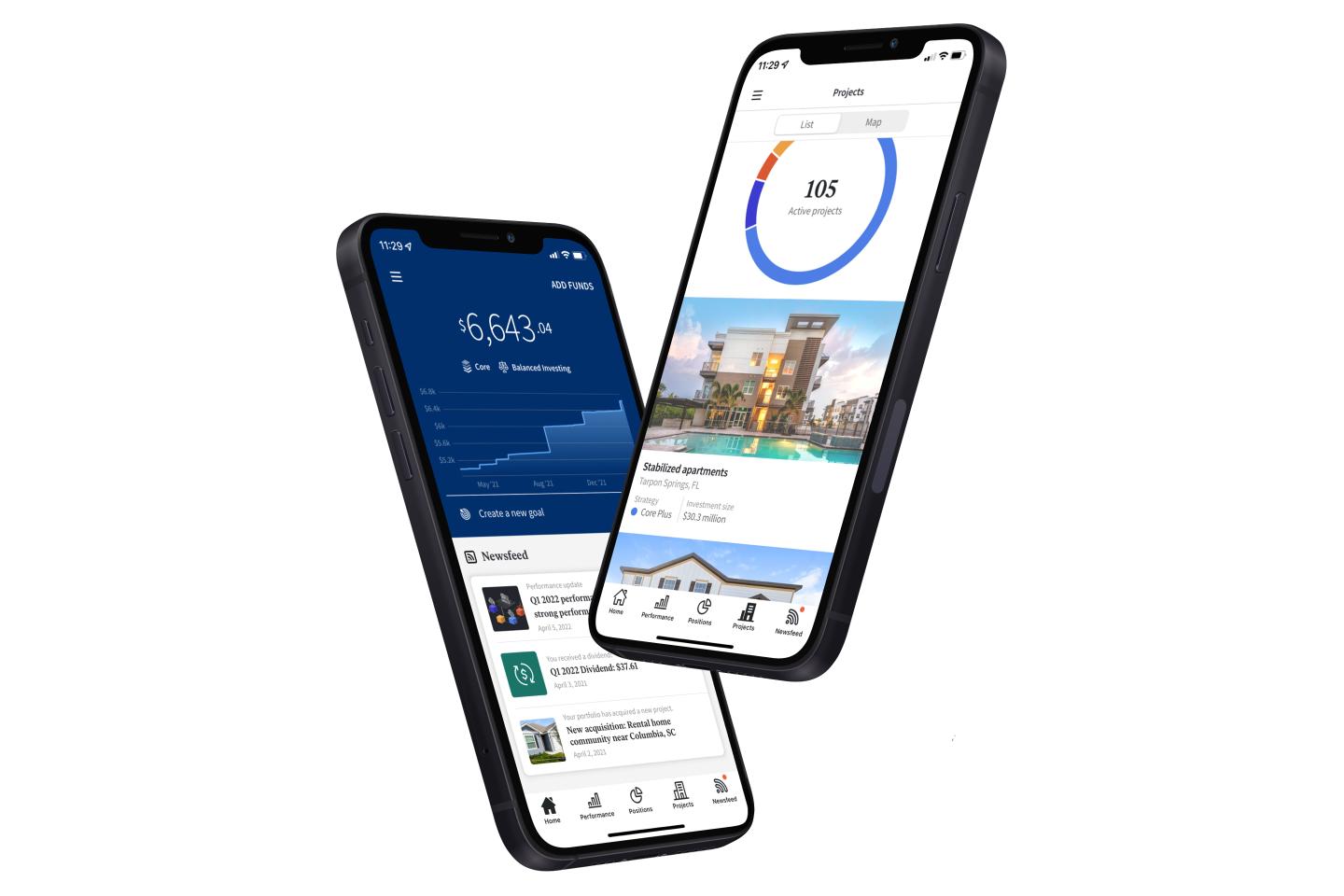 The Fundrise real estate investing app, depicted on two phones.