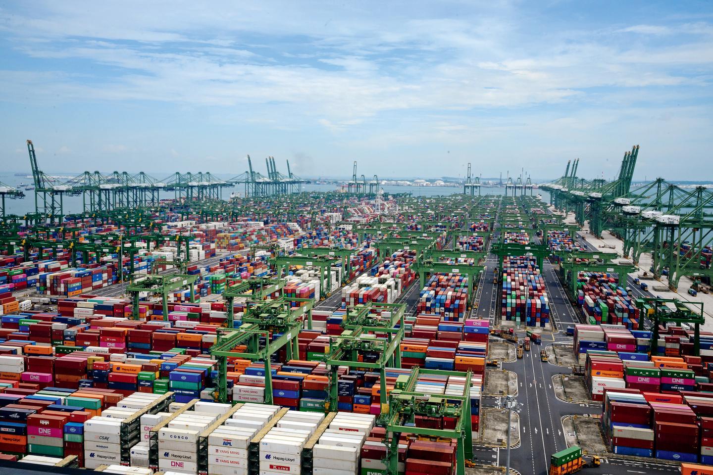 Containers are loaded on the premises of the port operator PSA, the Port of Singapore Authority (PSA).