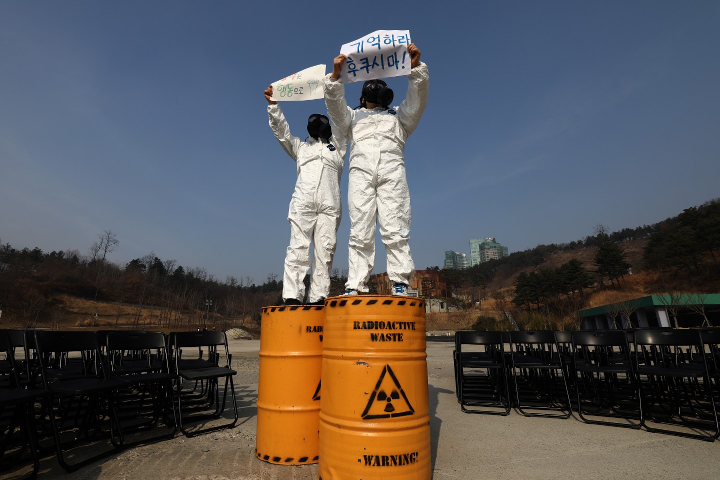 Members of South Korean environmental activist groups prepare for an anti-nuclear protest to mark the 10th anniversary of Fukushima Daiichi nuclear disaster on March 11, 2021 in Seoul, South Korea.