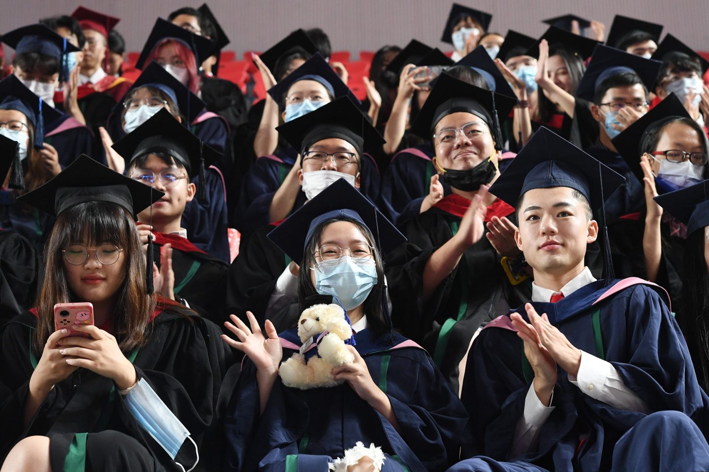 Graduates take part in a graduation ceremony at Sun Yat-sen University on June 28, 2022 in Guangzhou, Guangdong Province of China.
