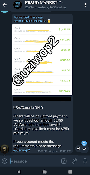 Cybercriminals on a Telegram channel looking for an account for a cashout.