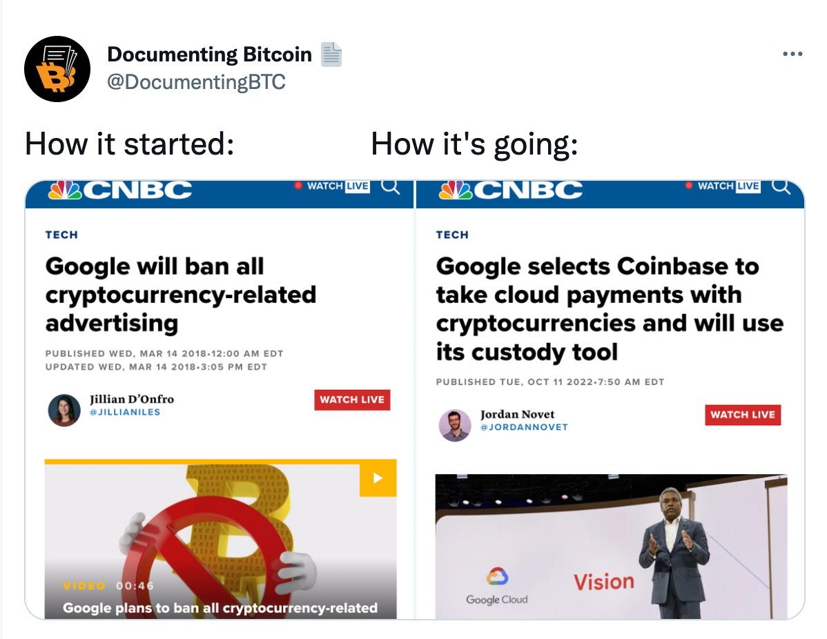 Screenshots of two news stories with the caption "How it started: How it's going:" The first story's headline reads "Google will ban all cryptocurrency-related advertising" and the second reads "Google selects Coinbase to take cloud payments with cryptocurrency and will use its custody tool"
