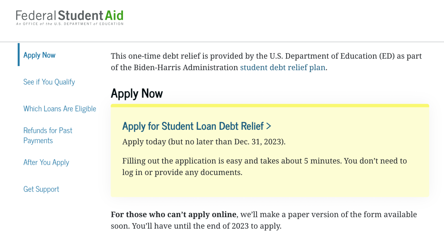 screenshot of federal student aid's website