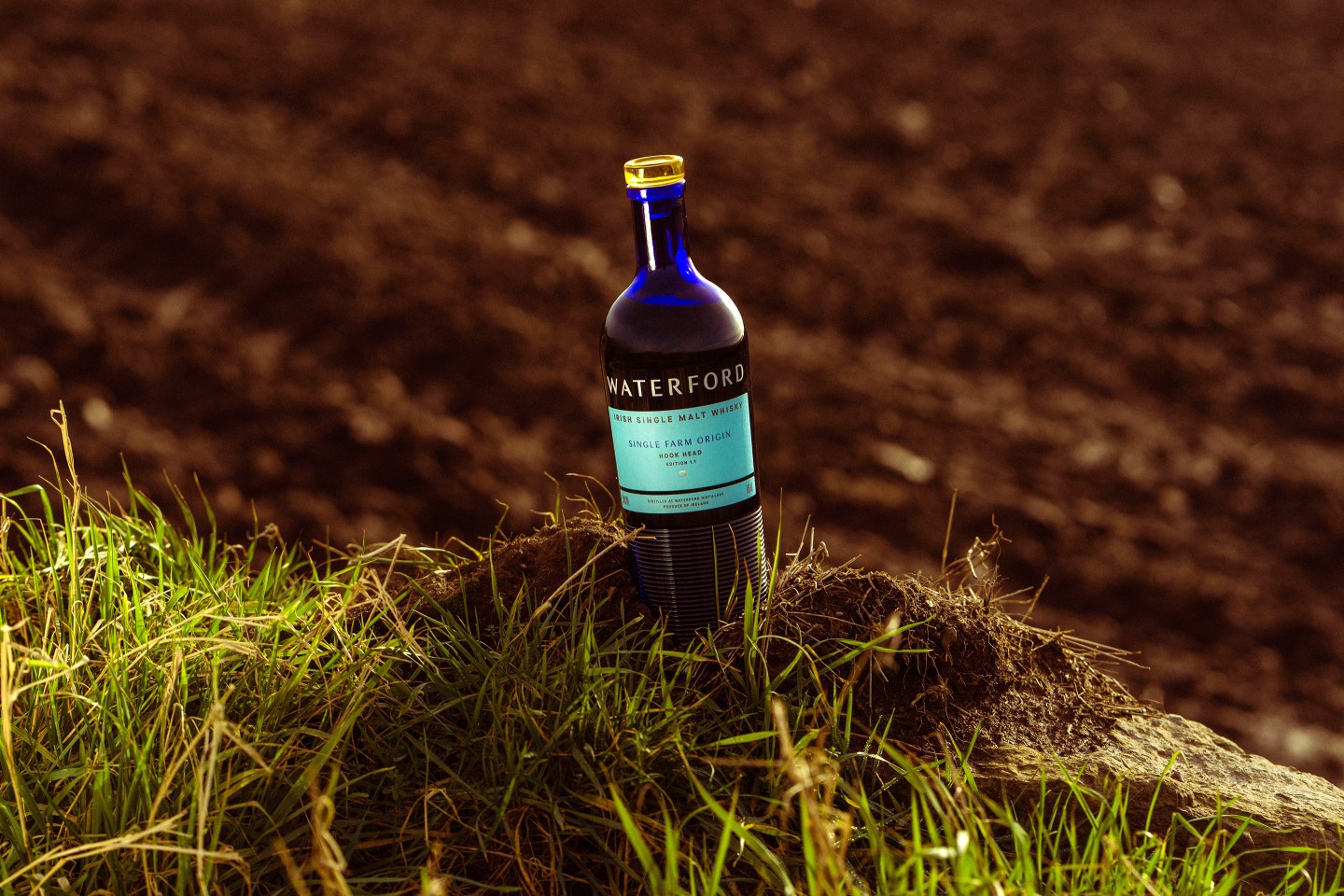 Bottle of whisky in a field