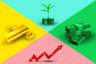 Photo illustration of a stock chart arrow, a stack of cash, a plant on top of gold coins, and gold bars broken up into 4 sections.