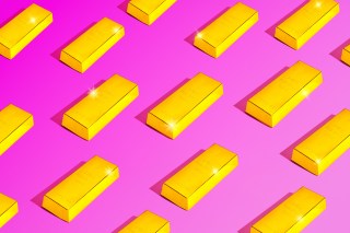 Photo illustration of a patte of sparkling gold bars on a pink background.