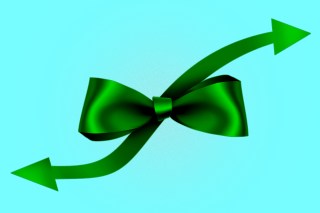 Photo illustration of a holiday bow with ribbon tails coming off each side and forming arrows, one pointing down and one pointing up.
